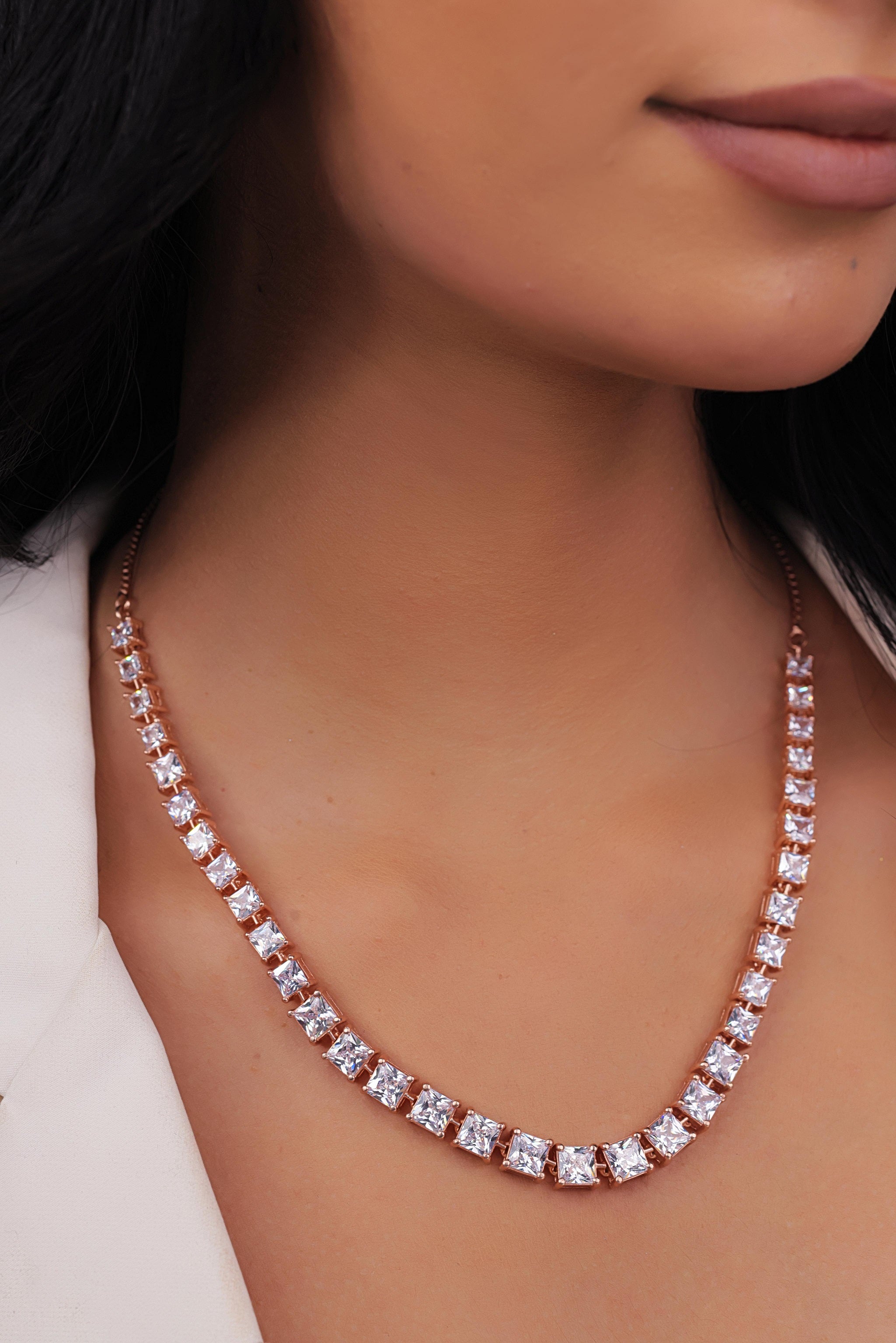 92.5 Sterling Silver CZ Stone Light Weight Rose Gold Plated Tennis Necklace For Women By Kesardeep